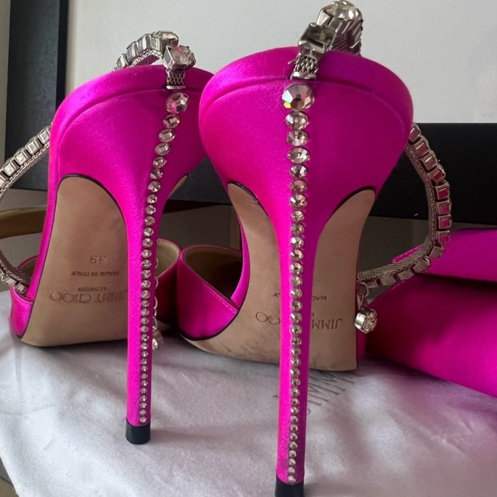 Jimmy Choo fuchsia satin Saeda 100 Crystal embellished strappy pumps - Picture 6 of 6